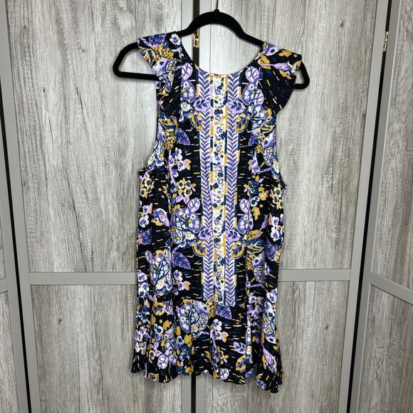 Free People Mini Dress Floral Linen Flutter Sleeve Ruffle Hem Back Cutout Size M - Picture 1 of 8